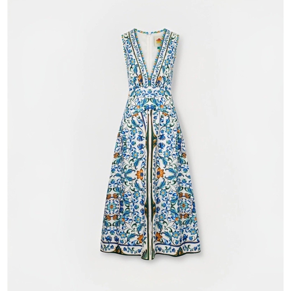 Farm Rio Off-White Flora Tile Scallop Maxi Dress Size XL NWT